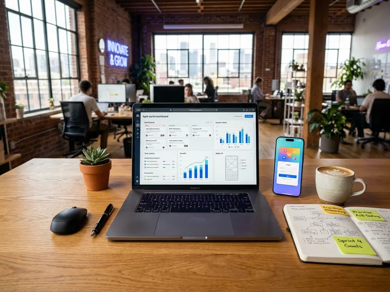 Startup founders reviewing a website and app prototype on a laptop